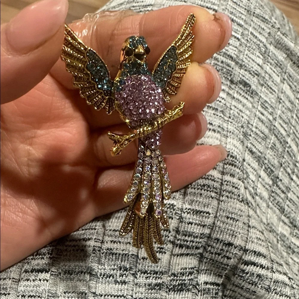 Gold-Tone Parrot Crystal Brooch - Pink & Teal NEW